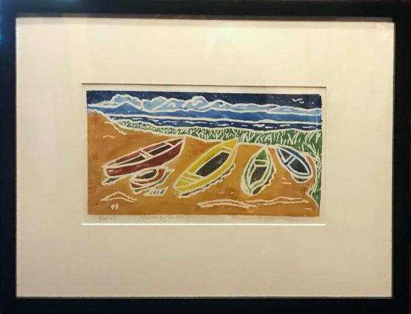 *Boats by the Bay, white-line linocut