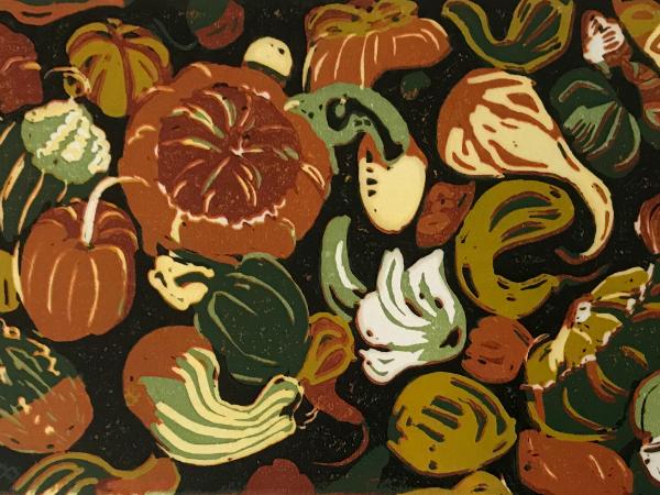 *Gorgeous Gourds. lino-cut, reduction (Limited edition of 8)