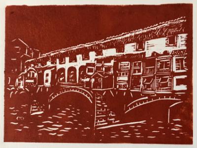 Ponte Vecchio (dark sky) linocut