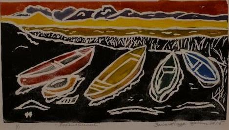 *Boats at Sunset, white-line linocut