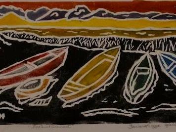 *Boats at Sunset, white-line linocut