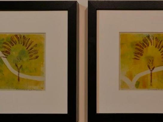 Two Roads/ 1 of diptych, monotype (with antique Indonesian batik tjap)