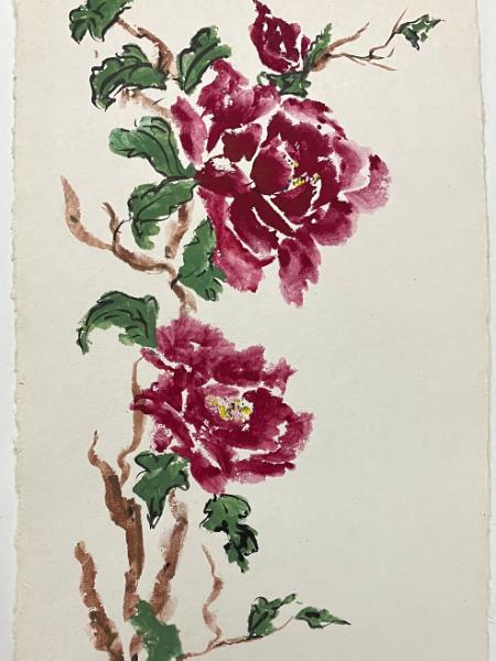 Peony Blooms on Nujabi paper brush paint