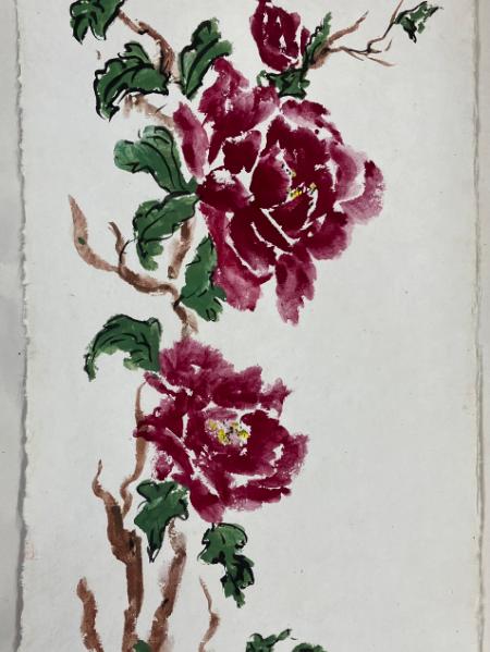 Two Peony Blooms on Nujabi paper brush paint