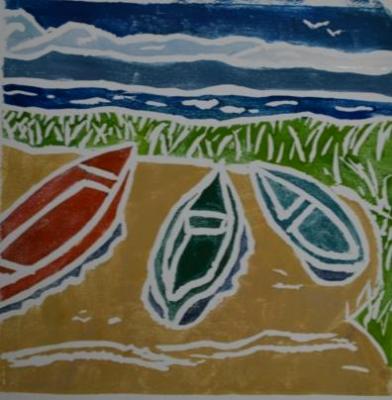 *Three Boats, white-line lino print, 