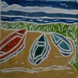 *Three Boats, white-line lino print, 