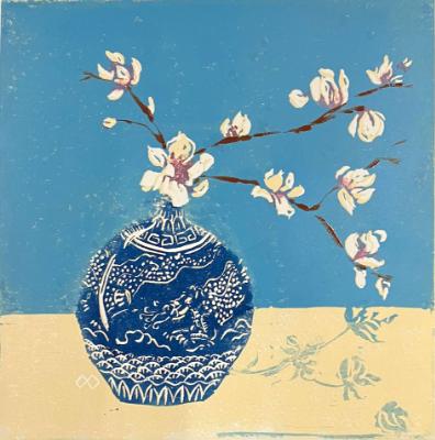 Magnolia in Chinese Vase reduction linocut