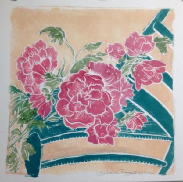 Renata's Peonies hand-colored, white-line lino cut ((sold)edition still available)