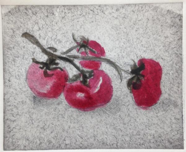 *Garden Series: Tomatoes (hand-colored drypoint)