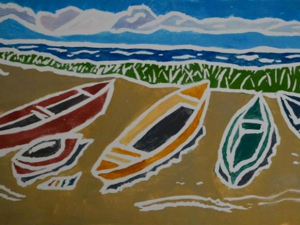 *Boats by the Bay, white-line linocut