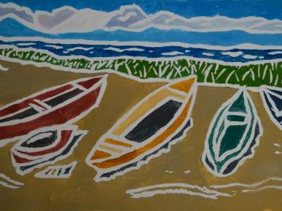 *Boats by the Bay, white-line linocut