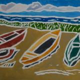 *Boats by the Bay, white-line linocut