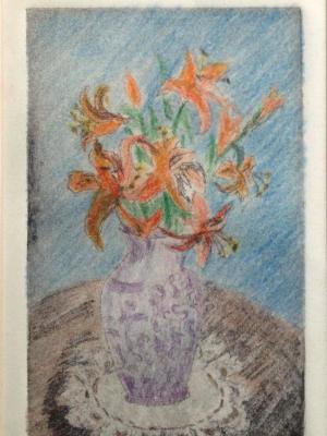 *Lily vase, etching, drypoint, colored pencil