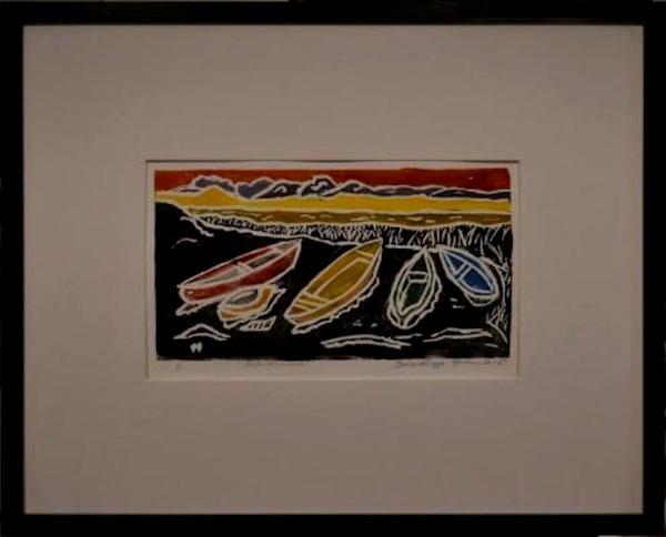 *Boats at Sunset, white-line linocut