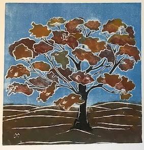 Tree/autumn (brown) white line lino-cut
