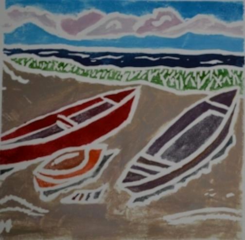 *Two Boats, white-line lino print (sold)