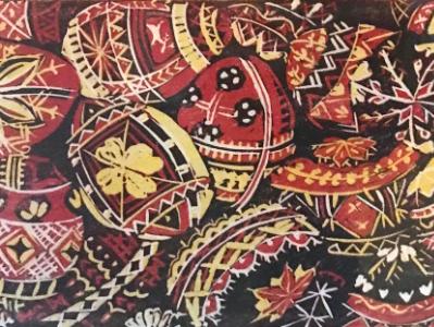 *Pysanky Eggs  (black/red) Reduction lino-cut 16x20