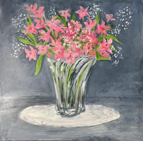 Alstroemeria in swirl-glass vase (Lily of the Incas)  WIP  30x30"