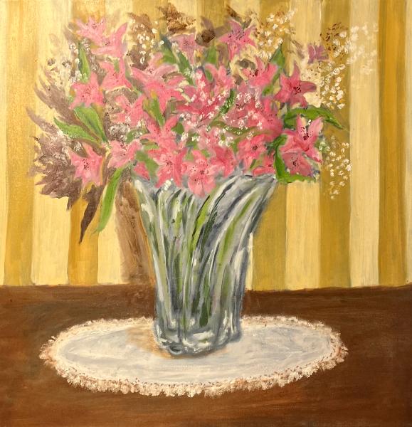 Still Blooming: Alstroemeria in swirl-glass vase (Lily of the Incas)  WIP  30x30"