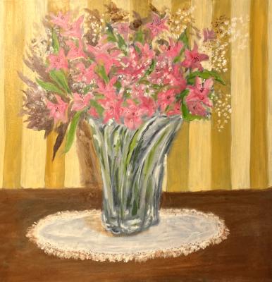 Still Blooming: Alstroemeria in swirl-glass vase (Lily of the Incas)  WIP  30x30"
