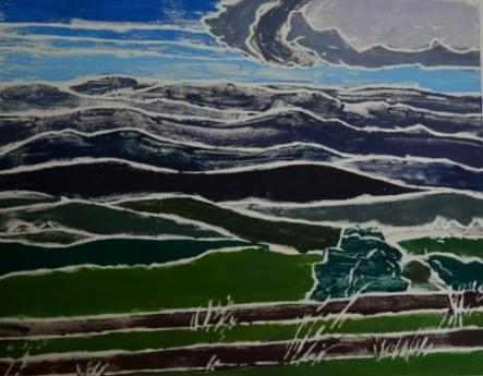 *(Blue Ridge) Mist in the Mountains, white-line woodblock print + 16x20