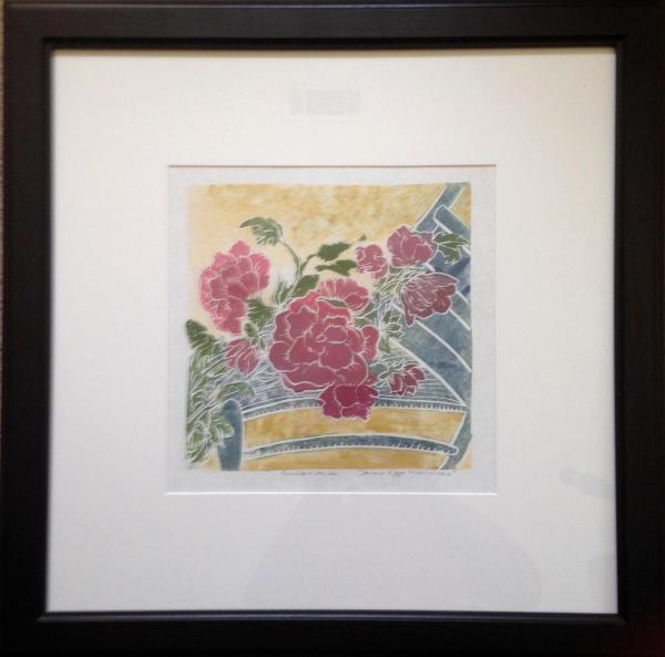 Renata's Peonies hand-colored, white-line lino cut ((sold)edition still available)