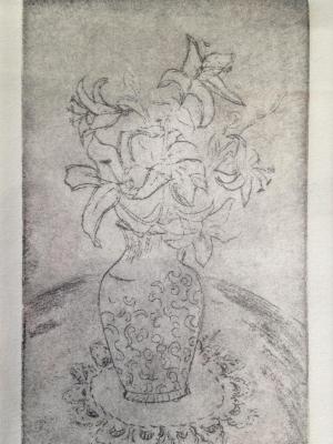 Lily Vase, etching, drypoint