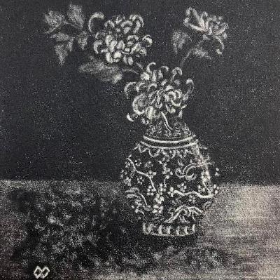 Fuji Mums in Chinese Vase Mezzotint (J-1)